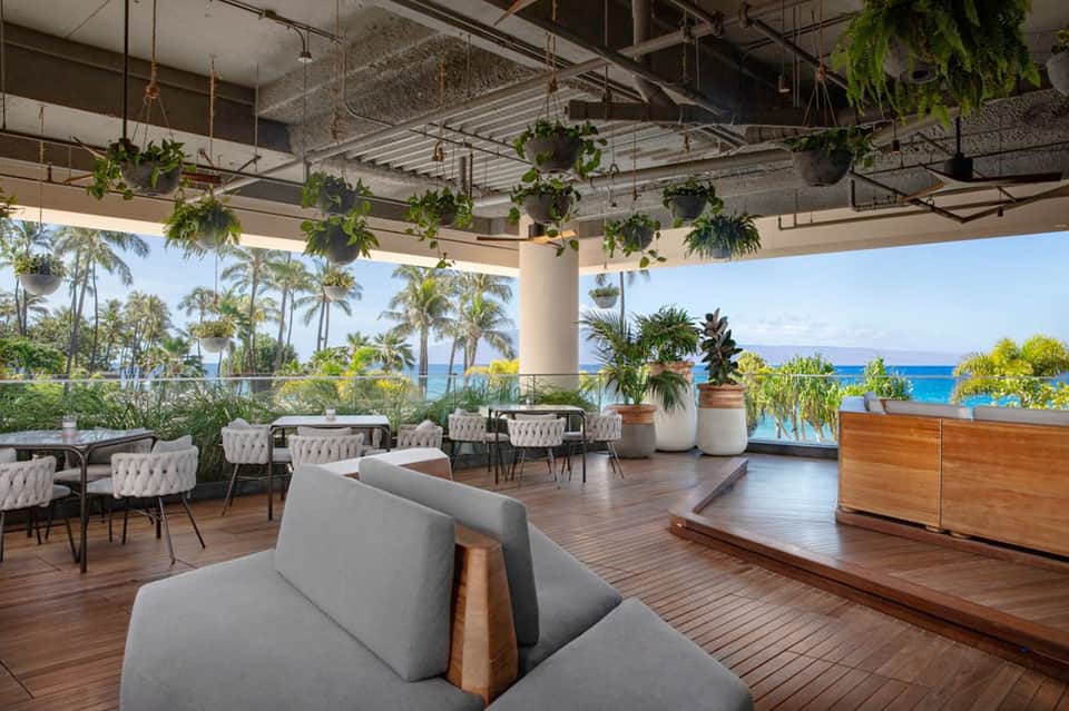 Waterfront lounge with wooden deck, hanging plants, modern furniture, and ocean view through glass railing