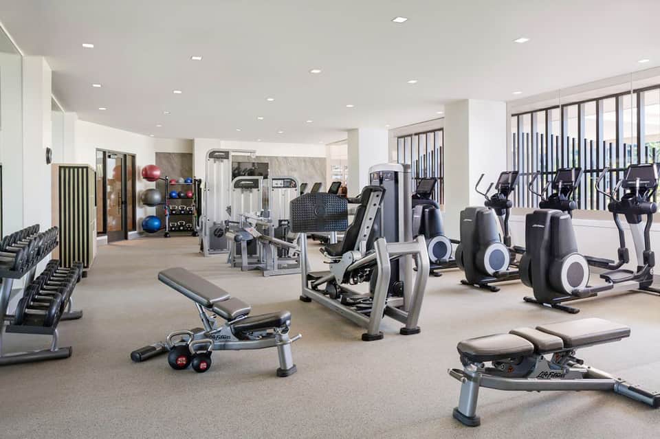 Fitness center with modern exercise equipment, dumbbells, and large windows