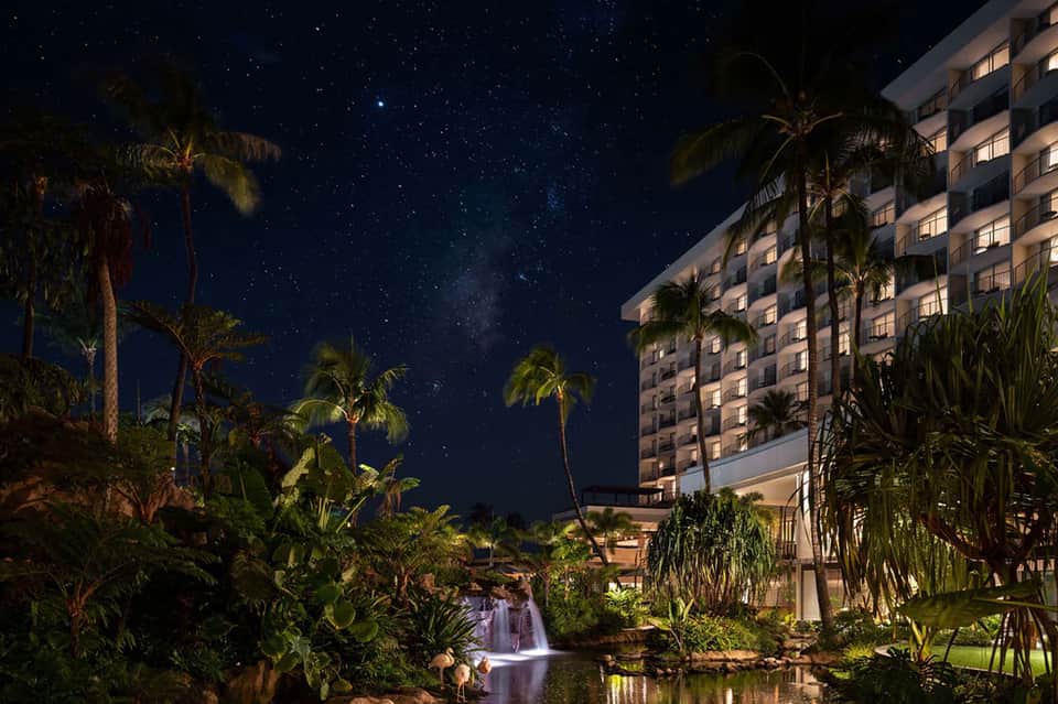 Nighttime resort view with illuminated hotel building, tropical plants, and waterfall