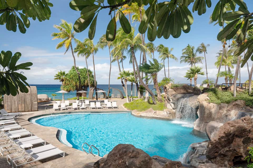 Resort pool with waterfall feature, palm trees, lounge chairs, and ocean views