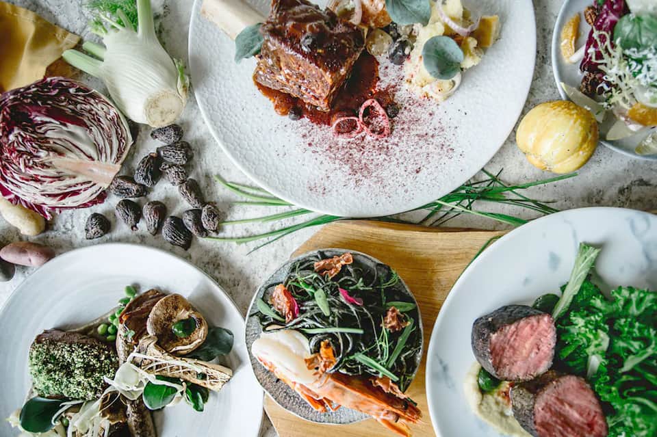 Gourmet plated dishes with artfully arranged seafood, vegetables, and garnishes on white plates