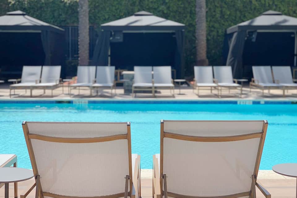 Resort pool with white loungers and umbrellas backed by hedge wall and palm trees