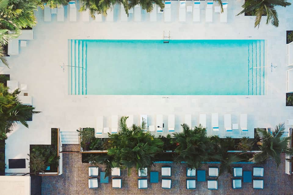 Aerial view of rectangular turquoise pool with white lounge chairs and palm trees