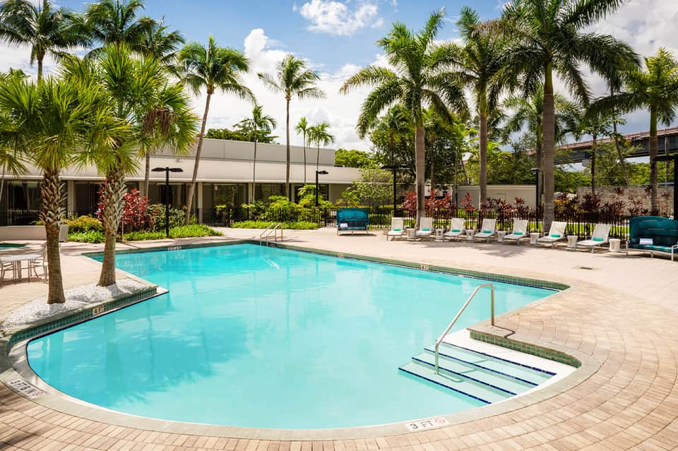 Resort pool surrounded by palm trees, lounge chairs, and manicured landscaping