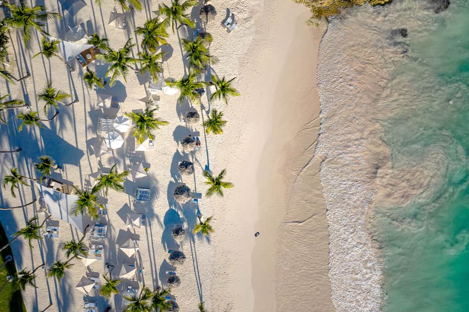 Aerial beach view with palm trees, white sand, lounge chairs, and turquoise ocean water