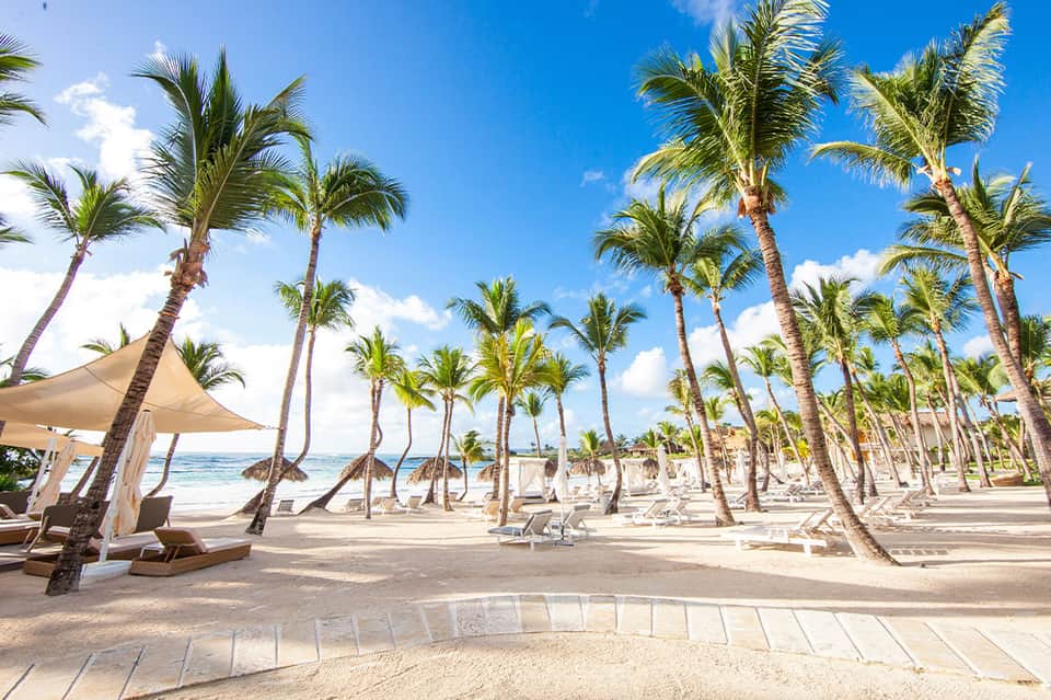 Pristine beach resort with palm trees, lounge chairs, shade structures, and turquoise ocean