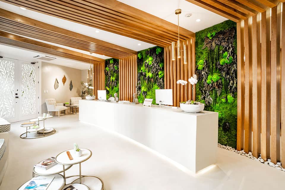 Luxury spa lobby with white reception desk, wooden slat ceiling, and living plant wall accent
