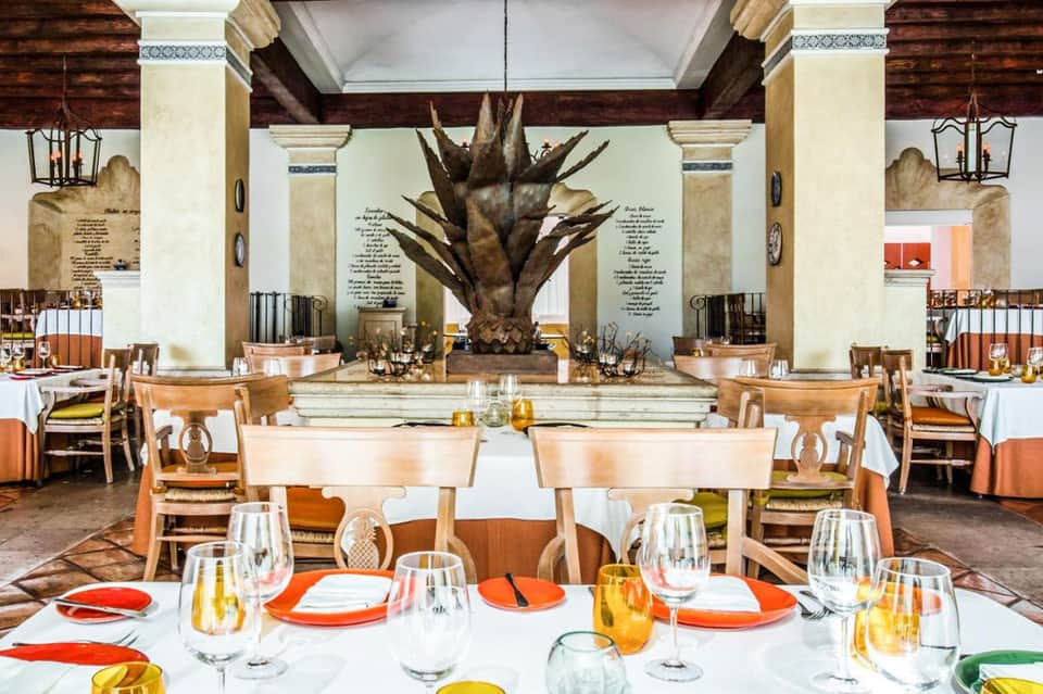 Grand dining room with dramatic sculptural plant centerpiece and tropical-inspired design