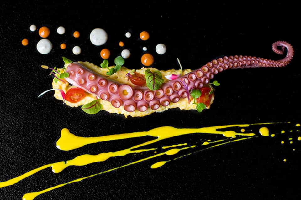 Artistic food plating showing octopus tentacle on garnish with colorful pearls and yellow sauce