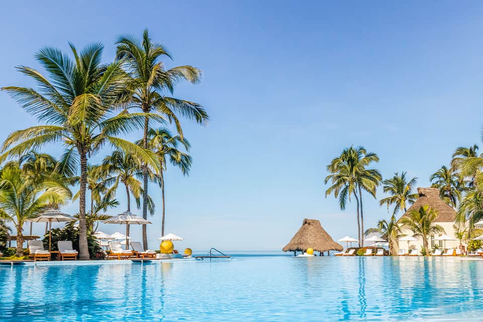 Luxury infinity pool with palm trees, thatched-roof cabana, and ocean horizon views.