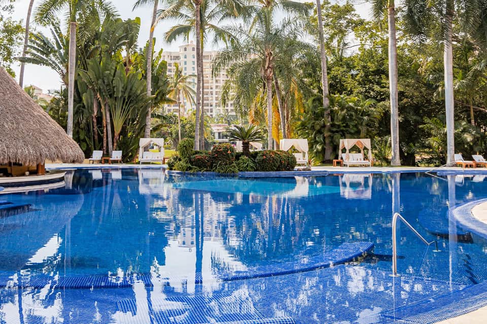 Lagoon-style resort pool surrounded by tall palm trees with hotel buildings visible in background