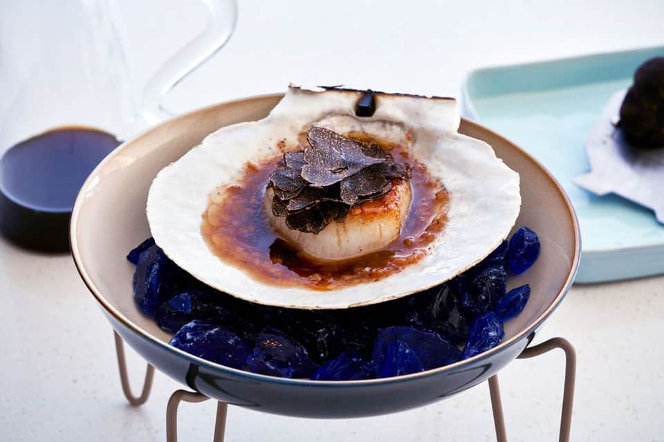 Seared scallop with black truffle on white shell served on blue and white plate with caviar garnish