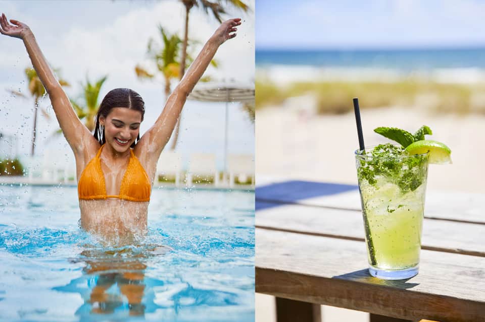 Woman in orange bikini splashing in pool; mojito cocktail with lime and mint on wooden deck overlooking beach