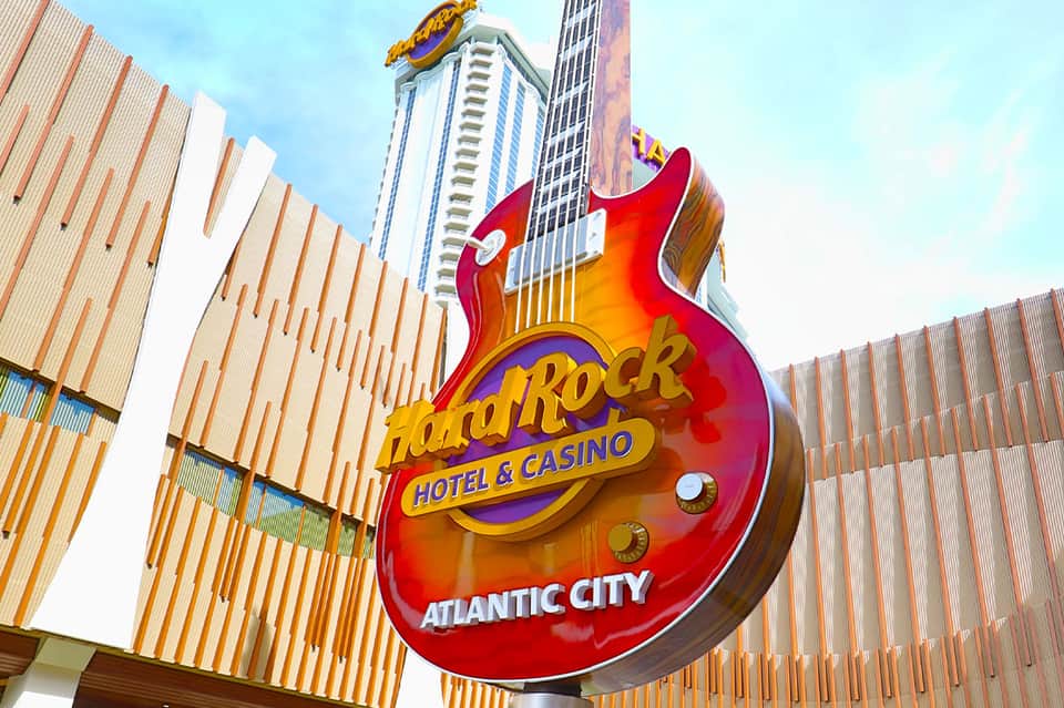 Hard Rock Hotel and Casino Atlantic City large red guitar sign on building facade