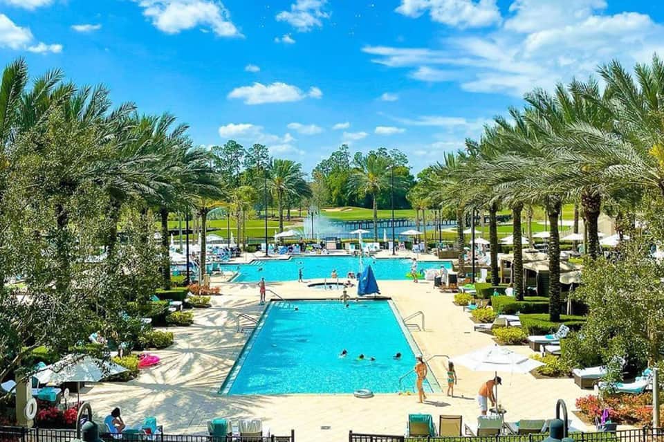 Resort pool complex lined with palm trees, multiple swimming pools, sun loungers, and manicured lawn overlooking bay