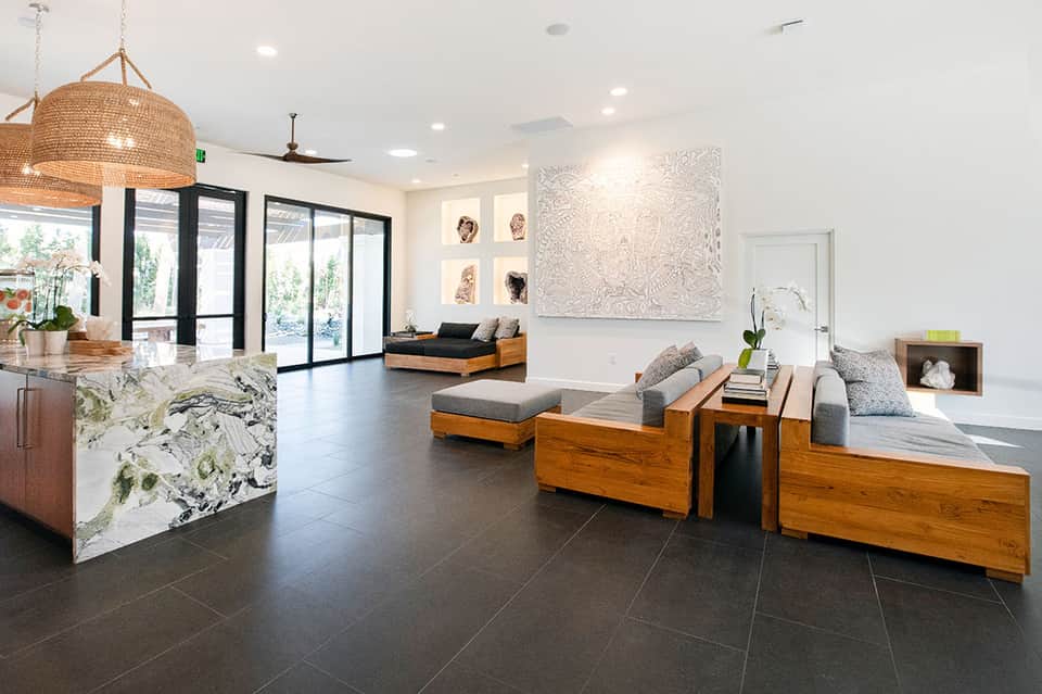 Spa lobby with woven pendant light and natural materials