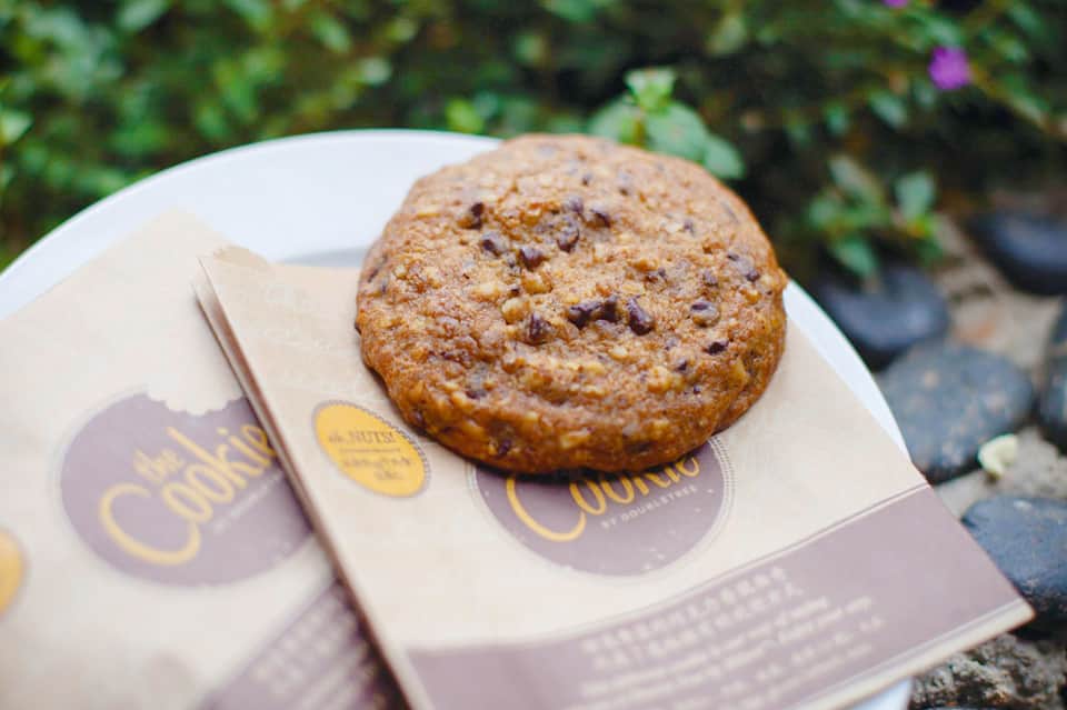 Chocolate chip cookie on branded packaging with garden foliage background