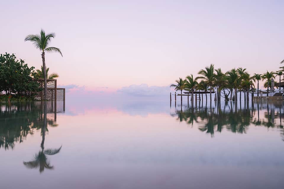 Serene infinity pool at dusk reflecting palm trees and sky in soft pink and purple light