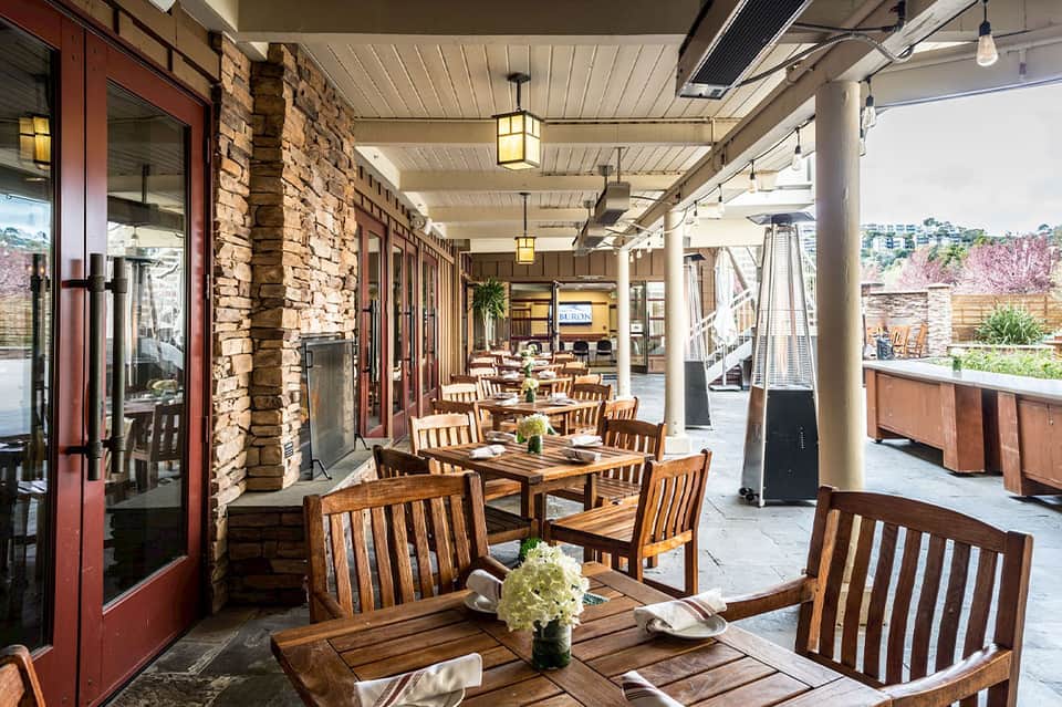 Covered patio dining area with wooden tables, brick fireplace, and garden views