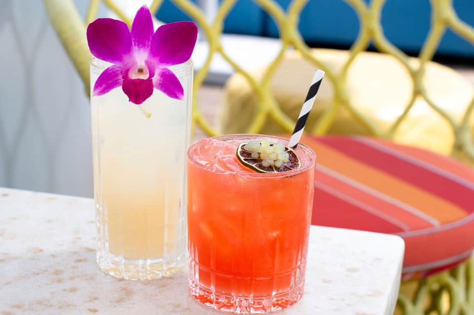 Two tropical cocktails with orchid flower garnish on beachside table with yellow fence