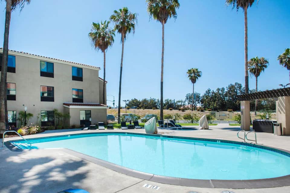 Resort swimming pool with clear blue water, loungers, palm trees, and building with blue windows