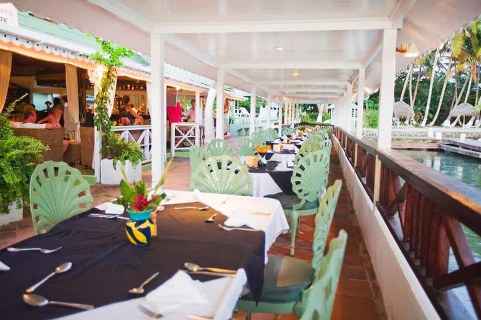 Waterfront dining area with turquoise shell-back chairs and tropical plants