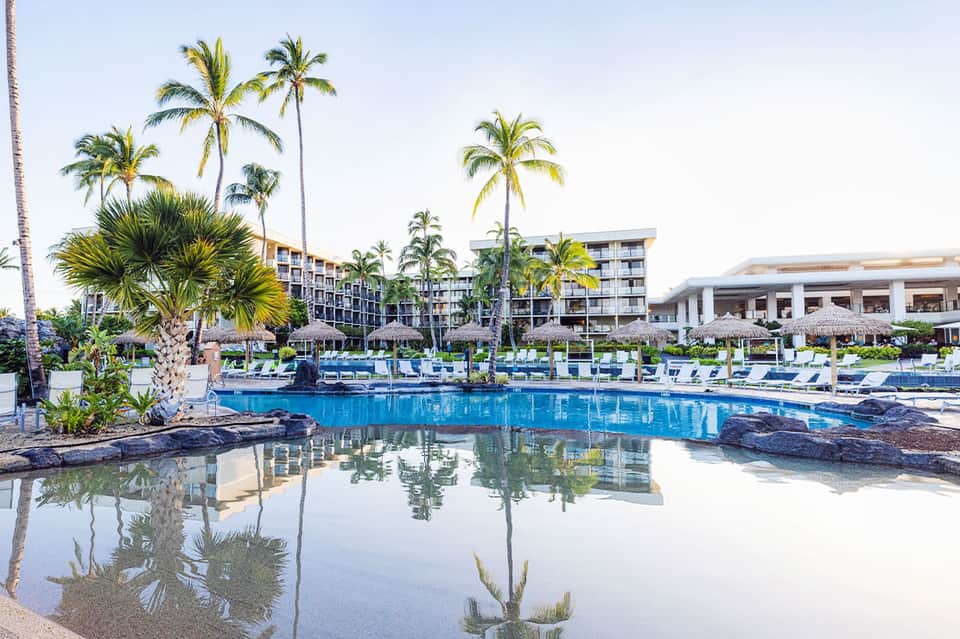 Resort pool with palm trees, lounge chairs, thatched umbrellas, and multi-story hotel buildings