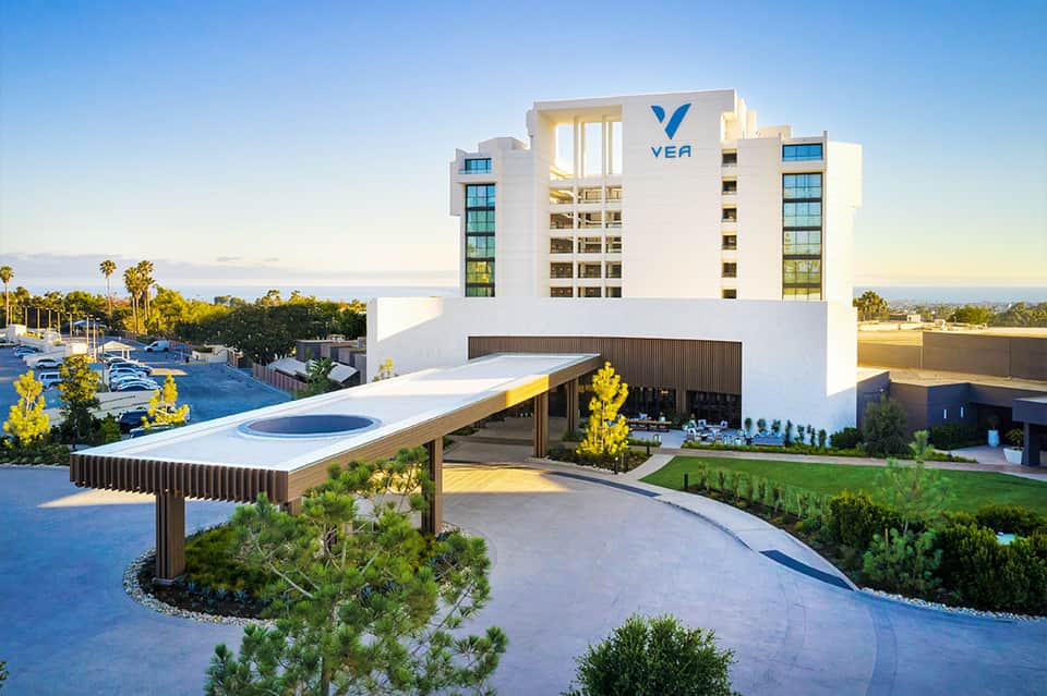 Contemporary hotel exterior with white facade, blue accents, rooftop terrace with seating area, and palm tree surroundings