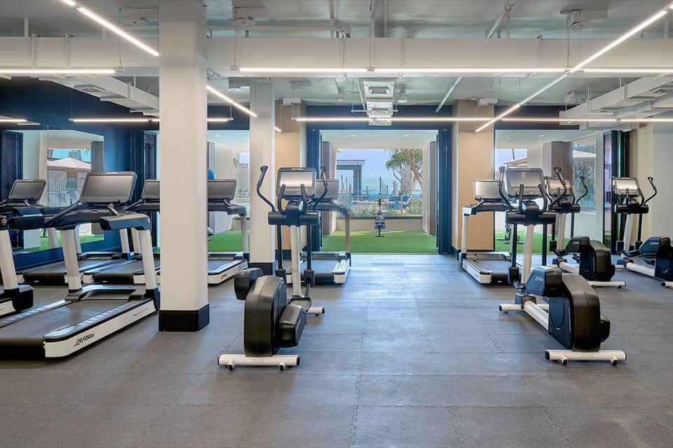 Modern fitness center with treadmills and exercise equipment overlooking palm trees