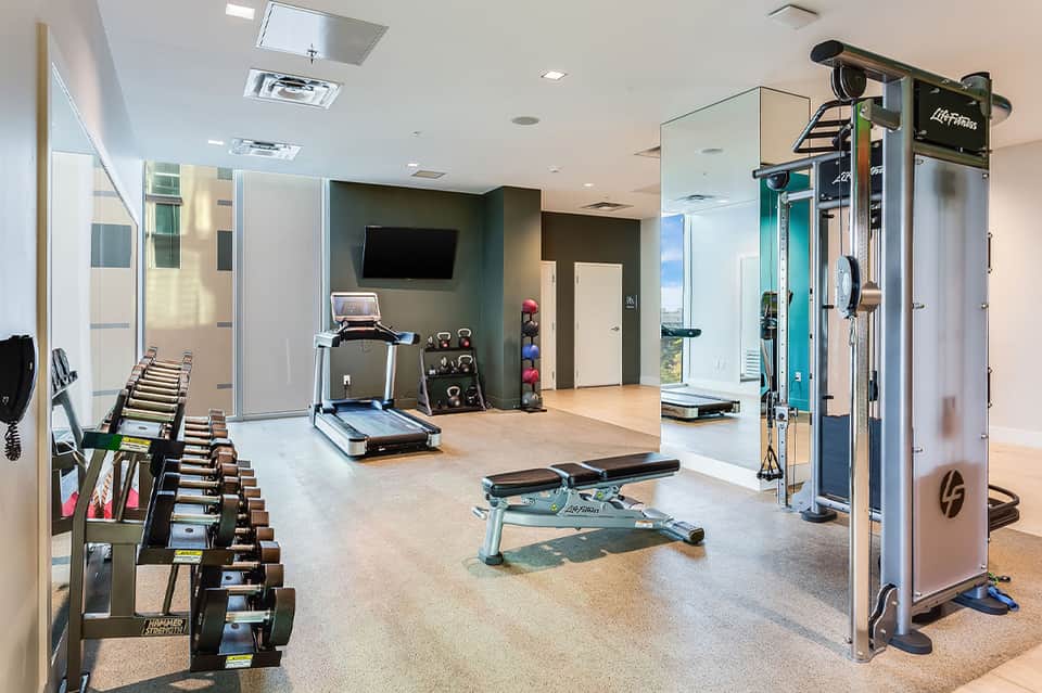 Modern fitness center with dumbbells, treadmill, exercise machines, and flat-screen TV