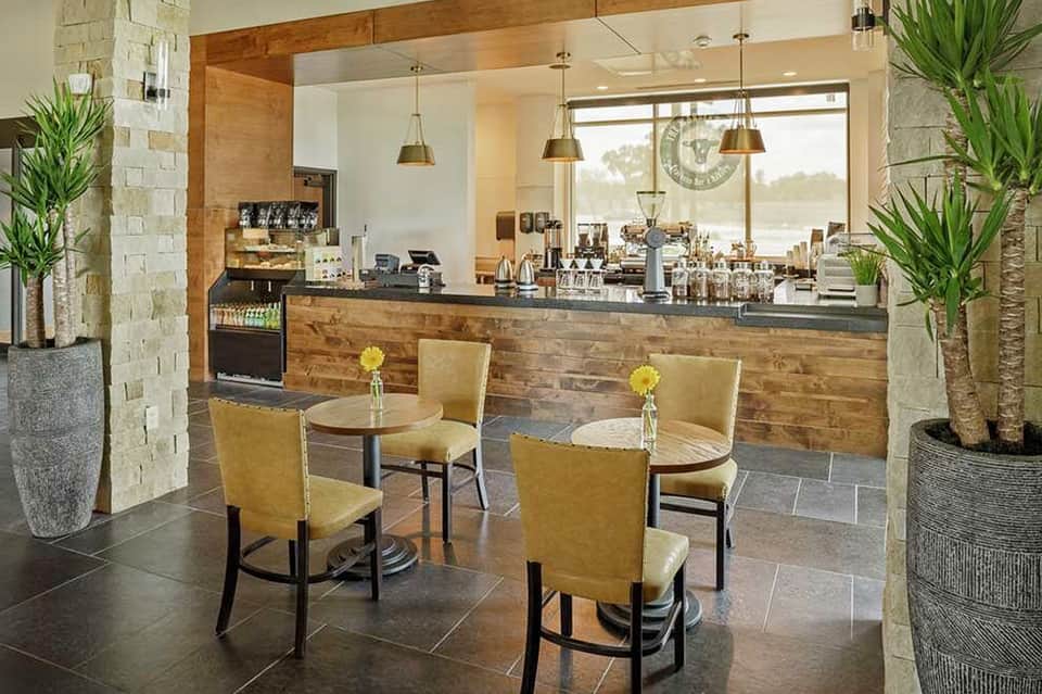 Modern hotel café counter with wood accents, pendant lighting, and ocean view through large windows