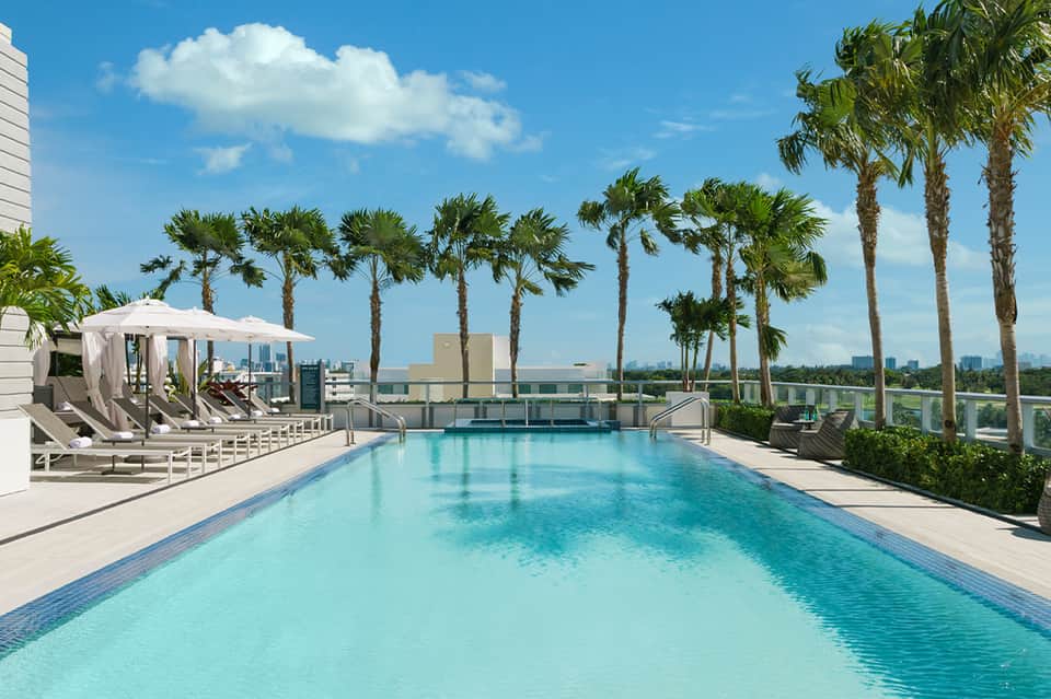 Rooftop infinity pool with palm trees, white lounge chairs, and panoramic city skyline view
