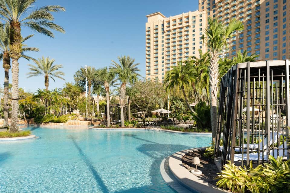 Lagoon-style resort pool with palm trees, tropical landscaping, and high-rise hotel in background