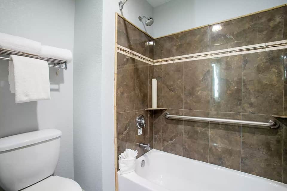 Modern bathroom with walk-in shower, brown tile surround, white toilet, and chrome fixtures