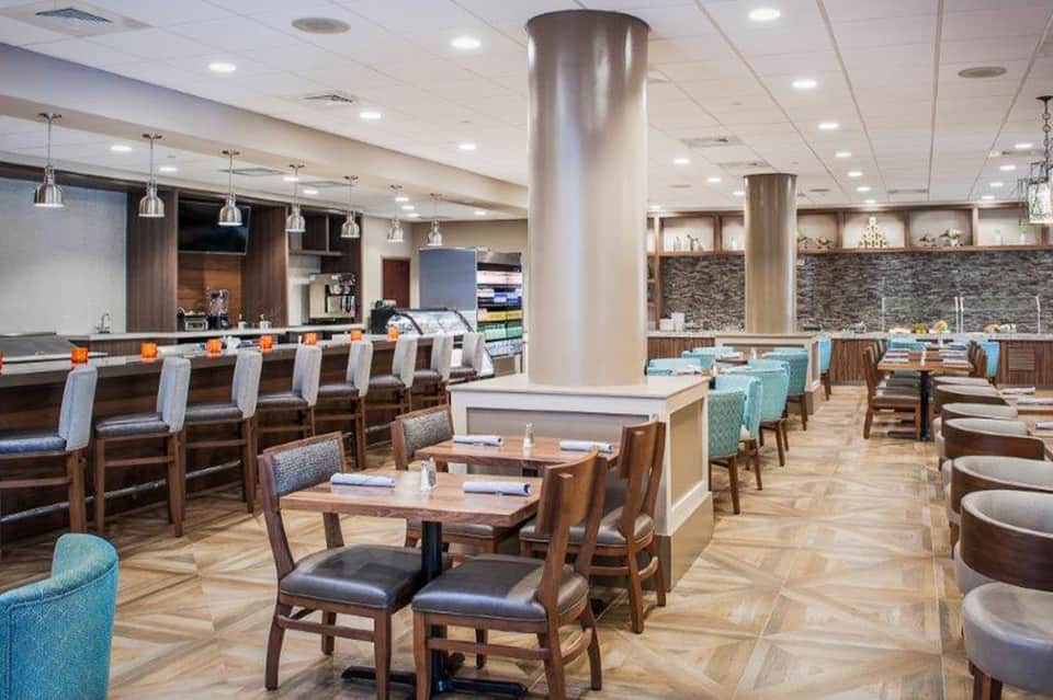 Modern restaurant dining room with bar seating, turquoise chairs, and stone accent wall