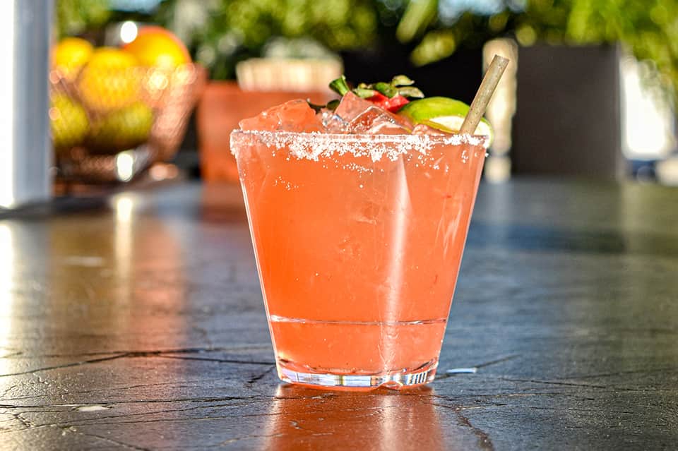 Coral-colored cocktail with salt rim and lime garnish on outdoor counter