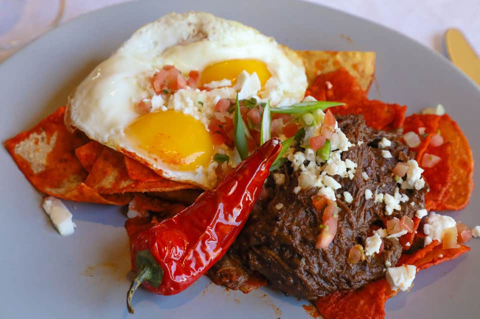 Chilaquiles dish with fried eggs, shredded cheese, red peppers, and cilantro on white plate