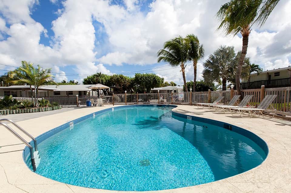 Residential resort pool with oval shape, white loungers, palm trees, and beige decking