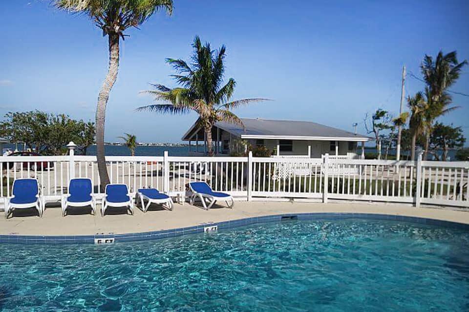 Swimming pool with blue loungers and palm trees, beachfront cottage and water view at sunset