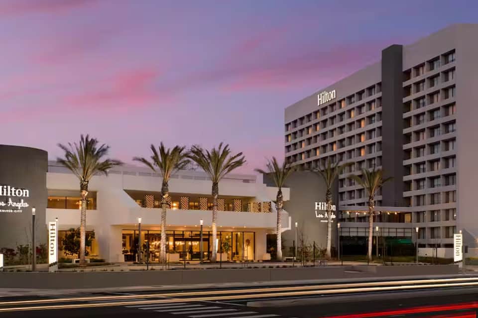 Hilton hotel exterior at dusk with palm trees, illuminated entrance, and tall tower