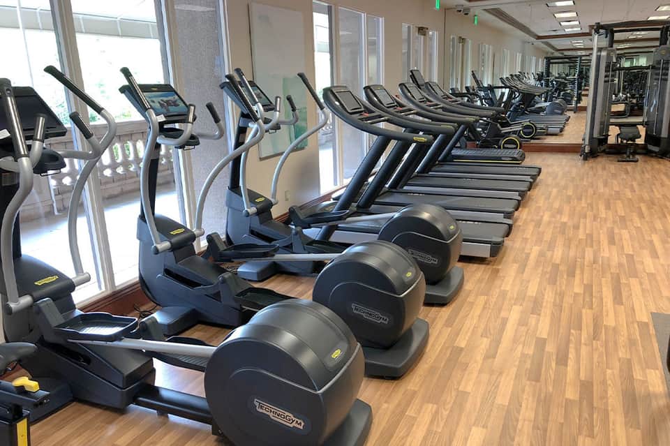 Modern fitness center with rows of cardio equipment along floor-to-ceiling windows