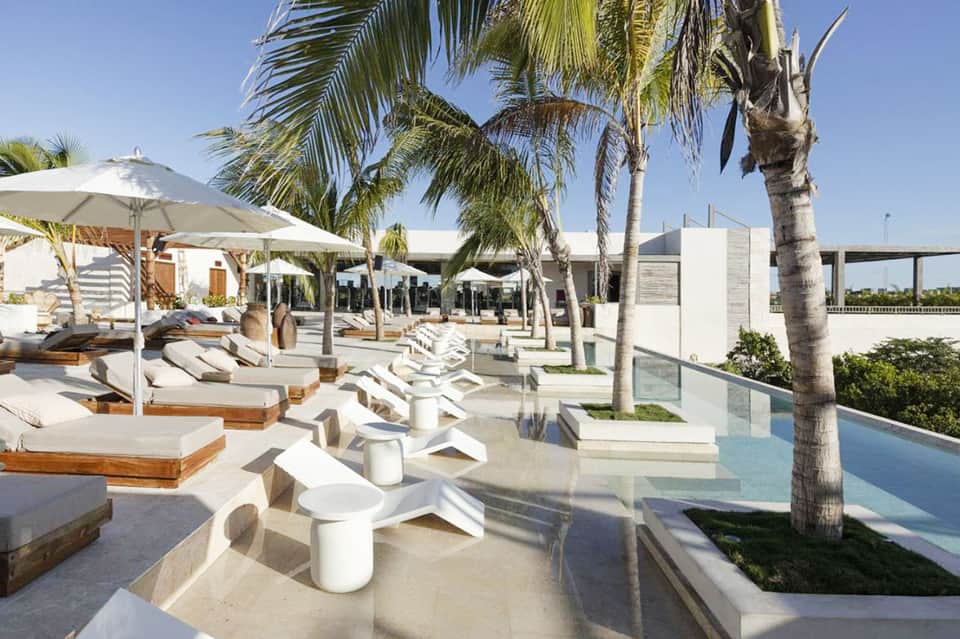 Modern resort pool deck with white loungers, palm trees, and white umbrellas under clear sky
