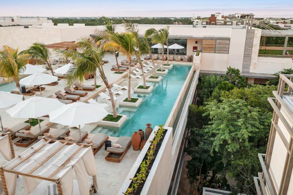 Aerial view of resort rooftop pool with loungers, palm trees, and surrounding landscape