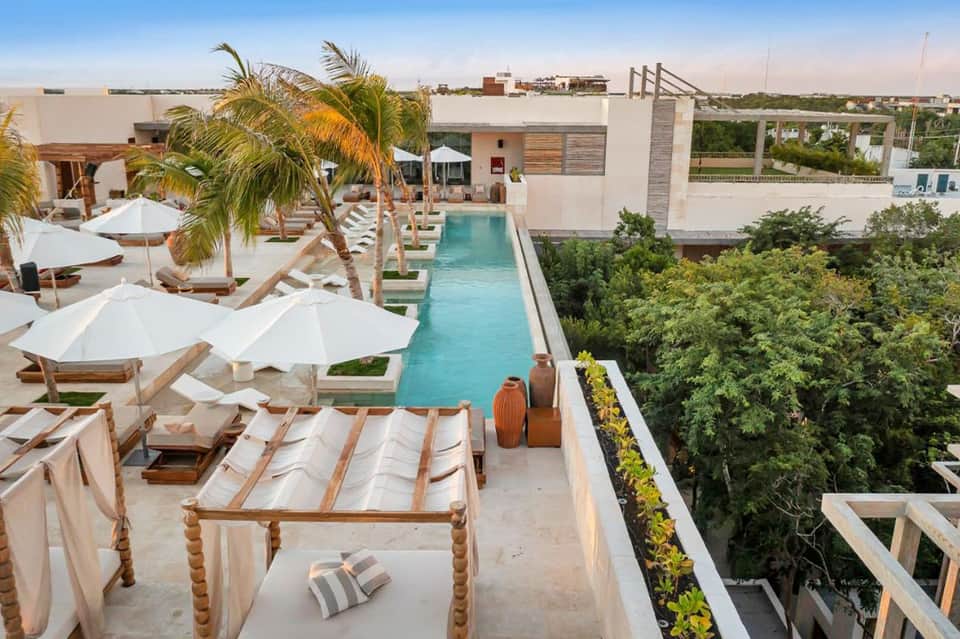 Rooftop pool deck with lounge chairs, white umbrellas, palm trees, and city skyline views