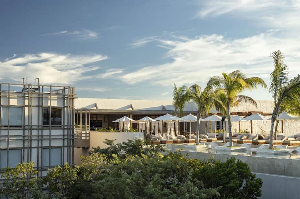 Modern resort terrace with lounge chairs, white umbrellas, palm trees, and ocean horizon