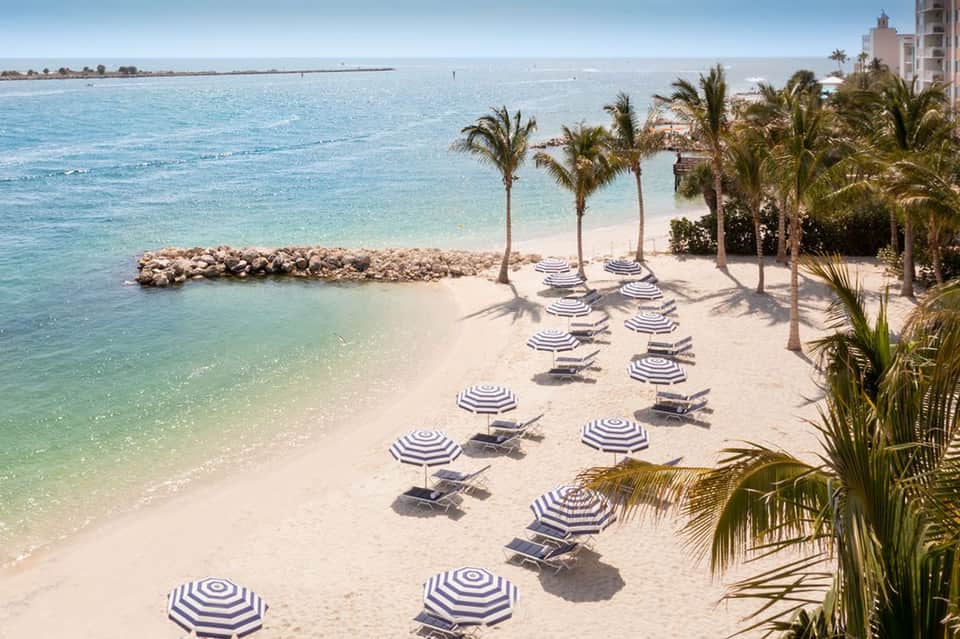 Aerial view of sandy beach with striped umbrellas, palm trees, and azure water