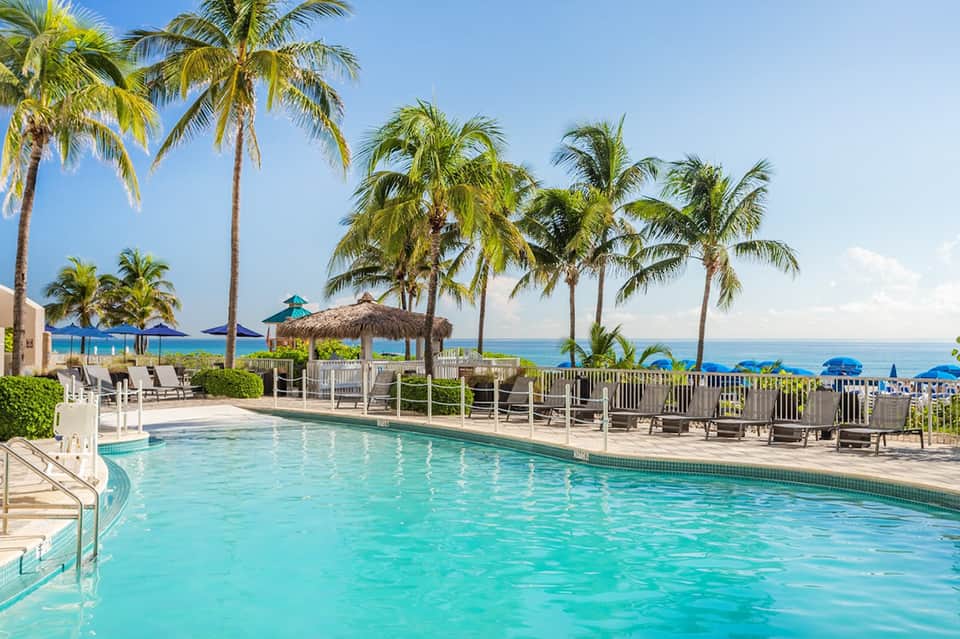 Beachfront resort pool with palm trees, umbrellas, and ocean view