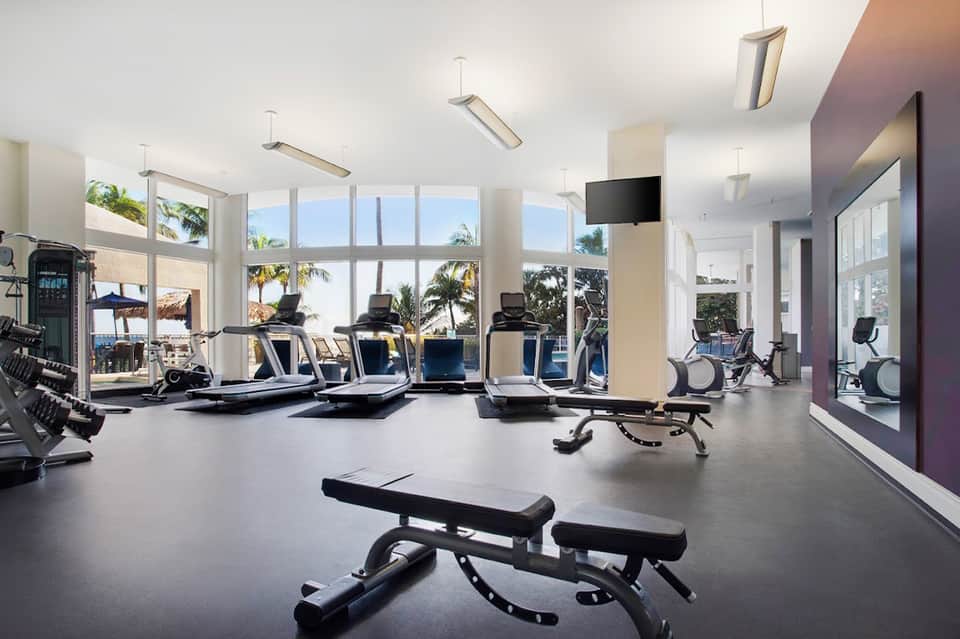 State-of-the-art fitness center with treadmills and ocean view windows