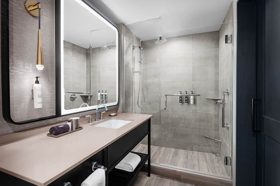 Modern bathroom with vessel sink, glass shower enclosure, and contemporary fixtures