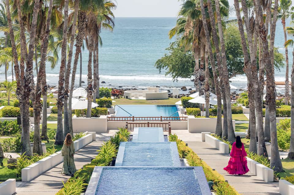 Resort pathway lined with tall palm trees leading to pool and ocean beach vista